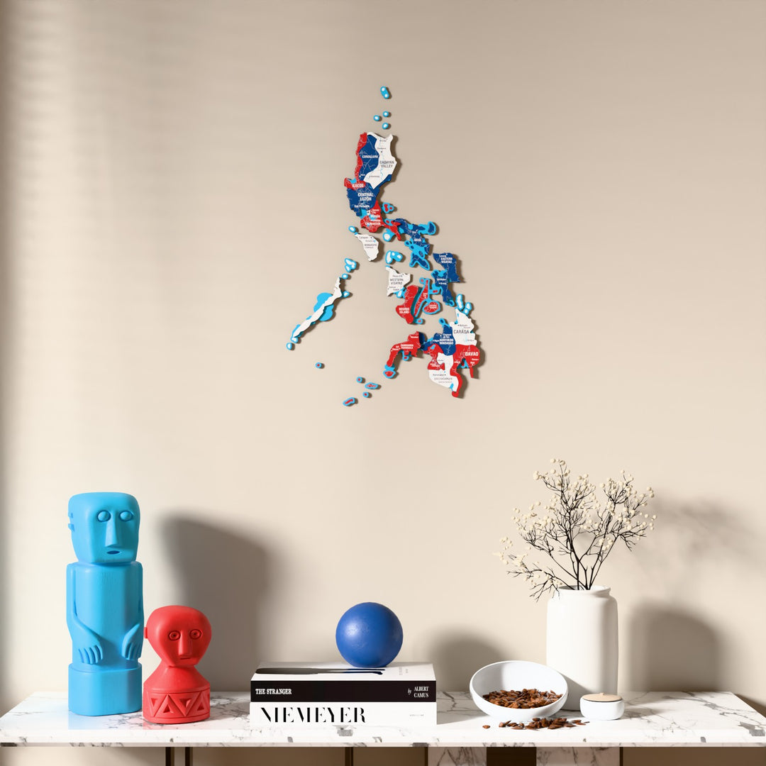 Flag colored Philippines wooden wall map above a marble console, front view