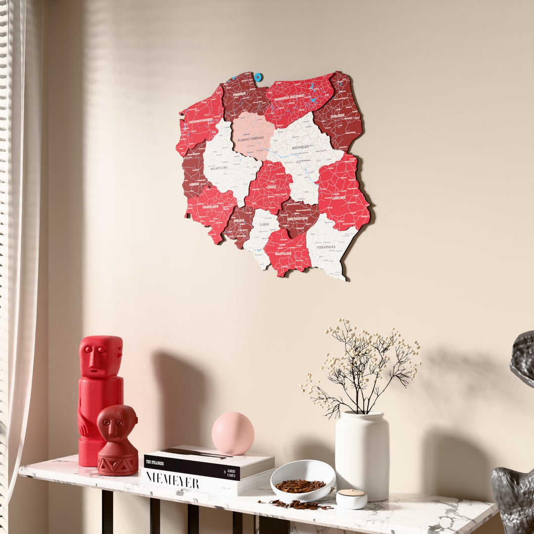 Flag colored Poland wooden wall map beside a sheer curtain, angled view