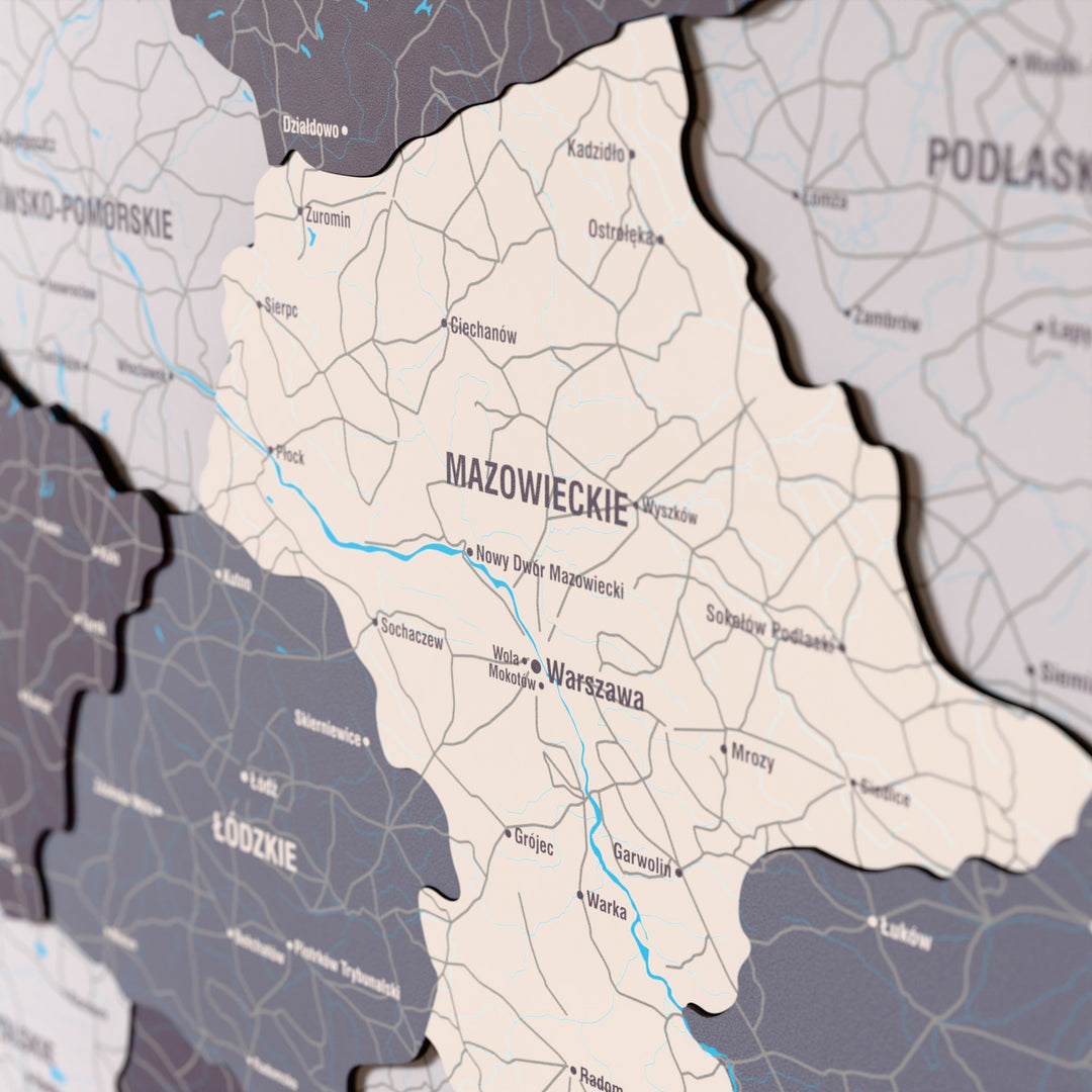 Close-up of the Nimbus Poland wooden wall map with layered regions and printed names