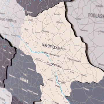 Close-up of the Nimbus Poland wooden wall map with layered regions and printed names