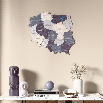 Nimbus Poland wooden wall map above a marble console, front view