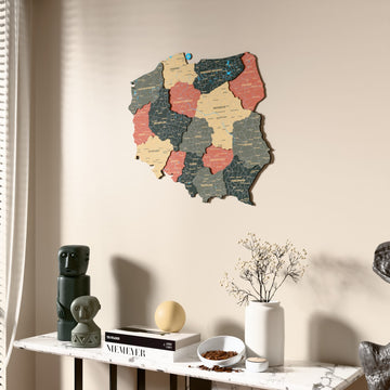 Sage Poland wooden wall map beside a sheer curtain, angled view
