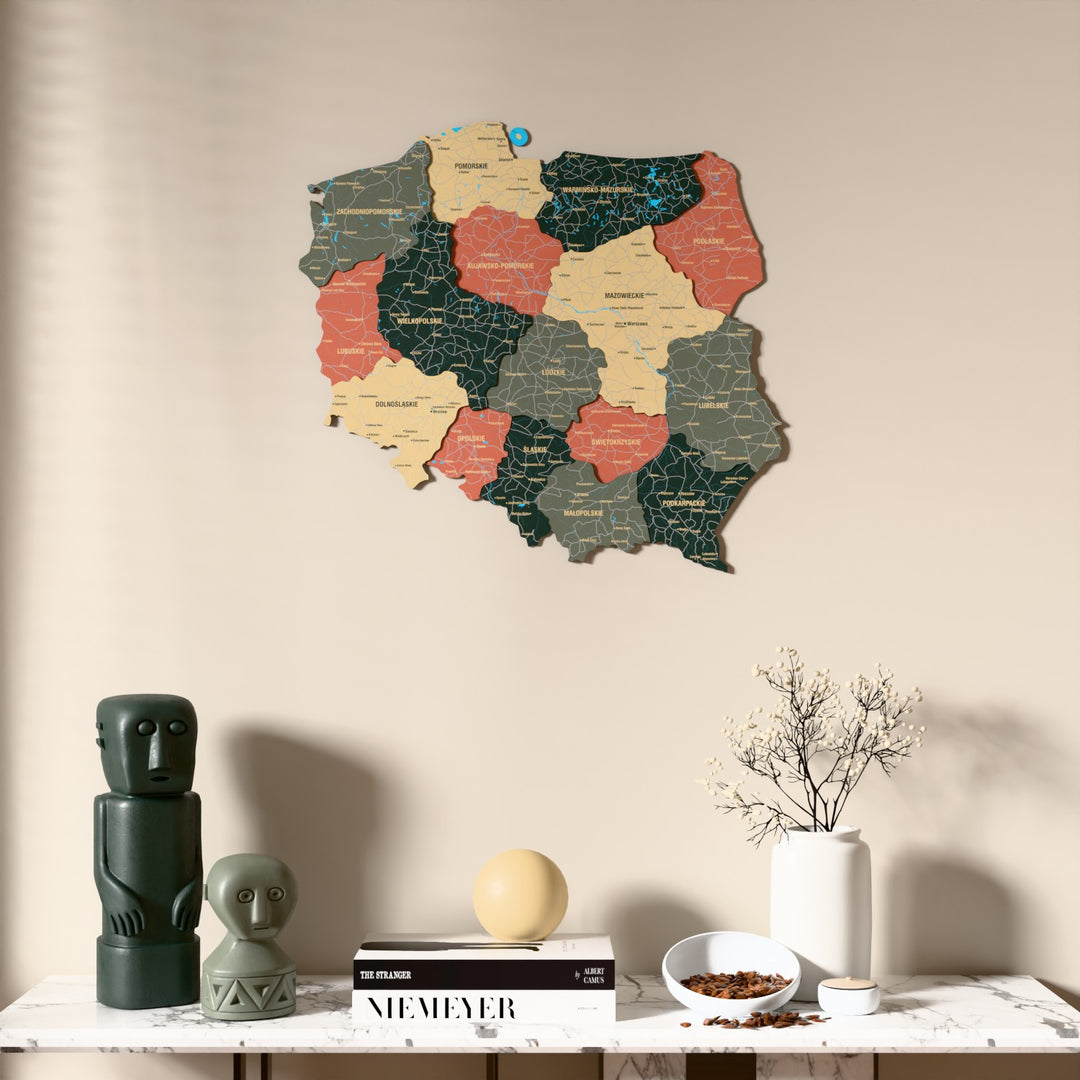 Sage Poland wooden wall map above a marble console, front view