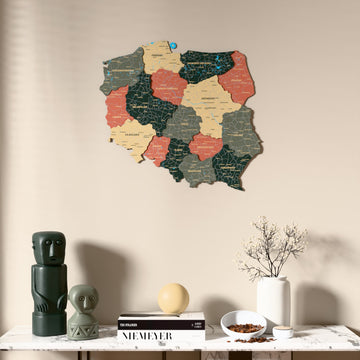 Sage Poland wooden wall map above a marble console, front view