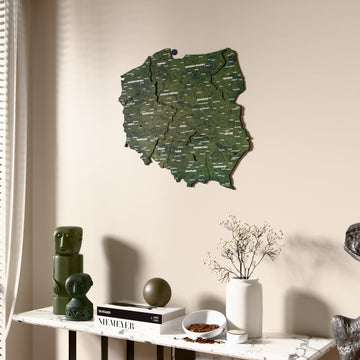 Satellite Poland wooden wall map beside a sheer curtain, angled view