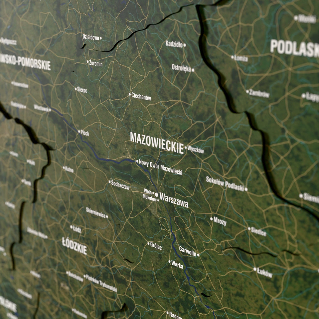 Close-up of the Satellite Poland wooden wall map with layered regions and printed names