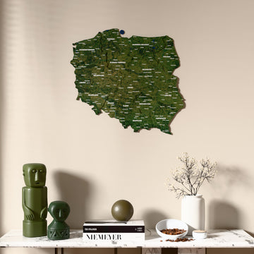 Satellite Poland wooden wall map above a marble console, front view