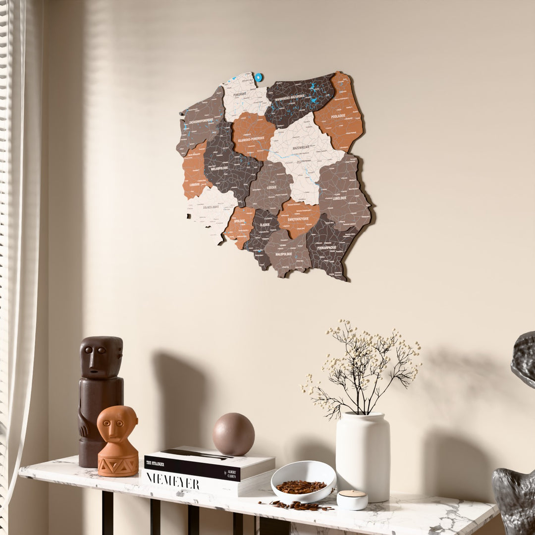 Soil Poland wooden wall map beside a sheer curtain, angled view