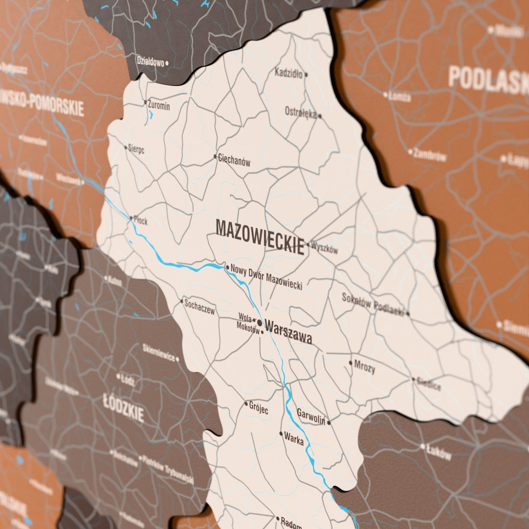 Close-up of the Soil Poland wooden wall map with layered regions and printed names