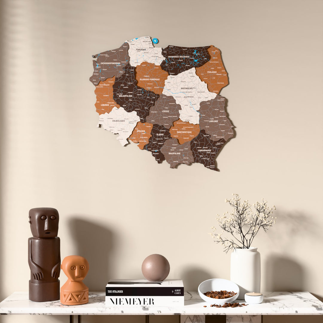 Soil Poland wooden wall map above a marble console, front view