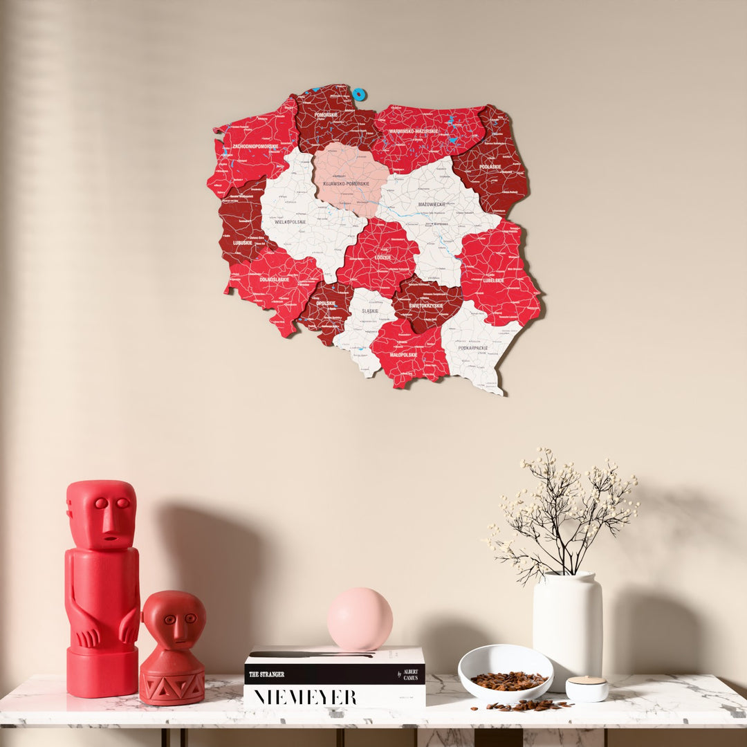 Flag colored Poland wooden wall map above a marble console, front view