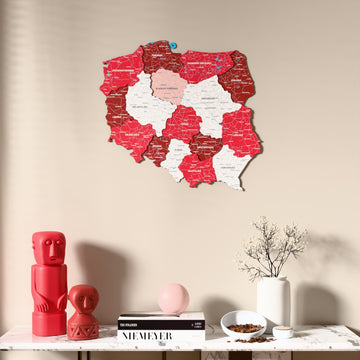 Flag colored Poland wooden wall map above a marble console, front view