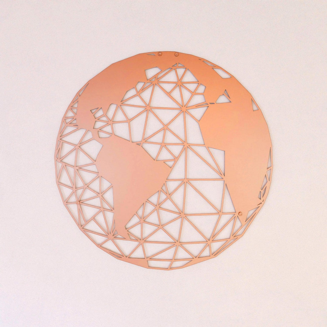 Copper polygon world map metal wall art, front view