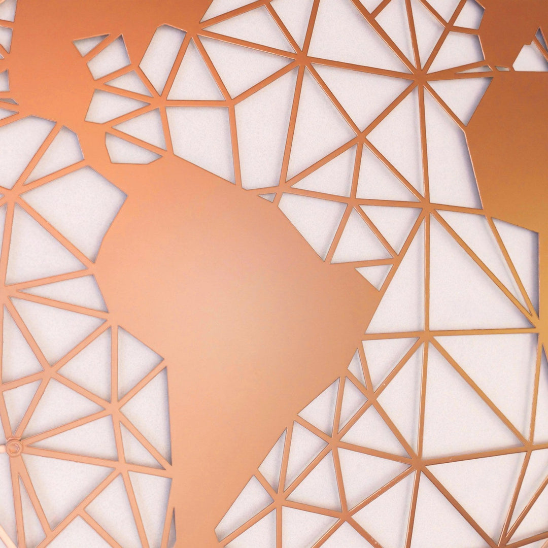 Close-up of the copper polygon world map, South America and mesh detail