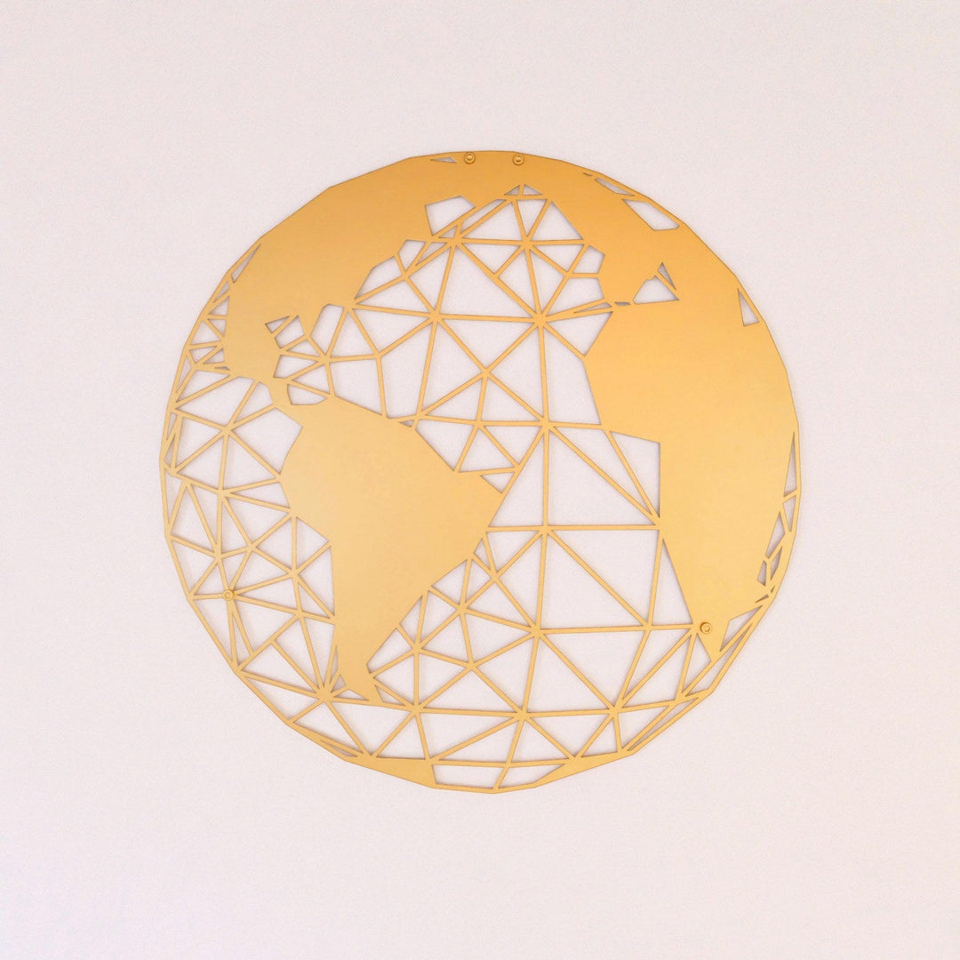 Gold polygon world map metal wall art, front view