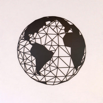 Black polygon world map metal wall art with a triangular mesh, front view