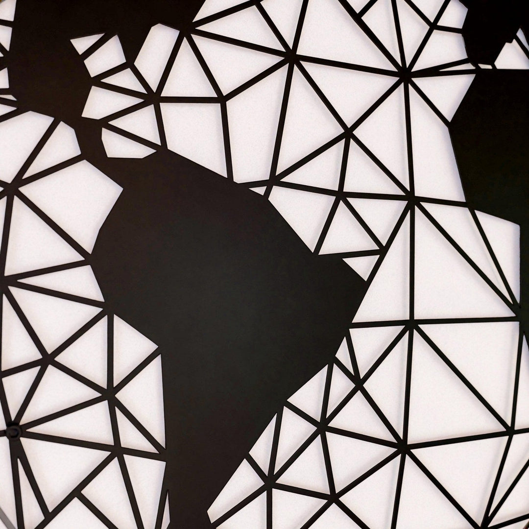 Close-up of the black polygon world map, South America and mesh detail