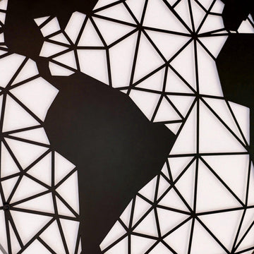 Close-up of the black polygon world map, South America and mesh detail