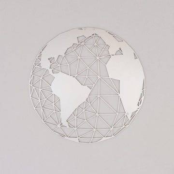 Silver polygon world map metal wall art on a grey wall, front view