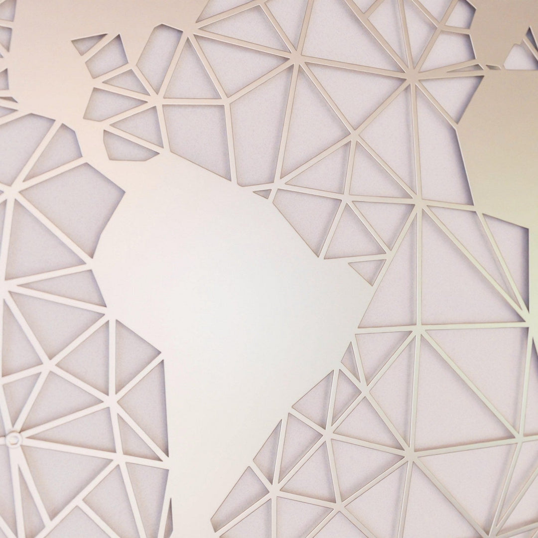 Close-up of the silver polygon world map, South America and mesh detail