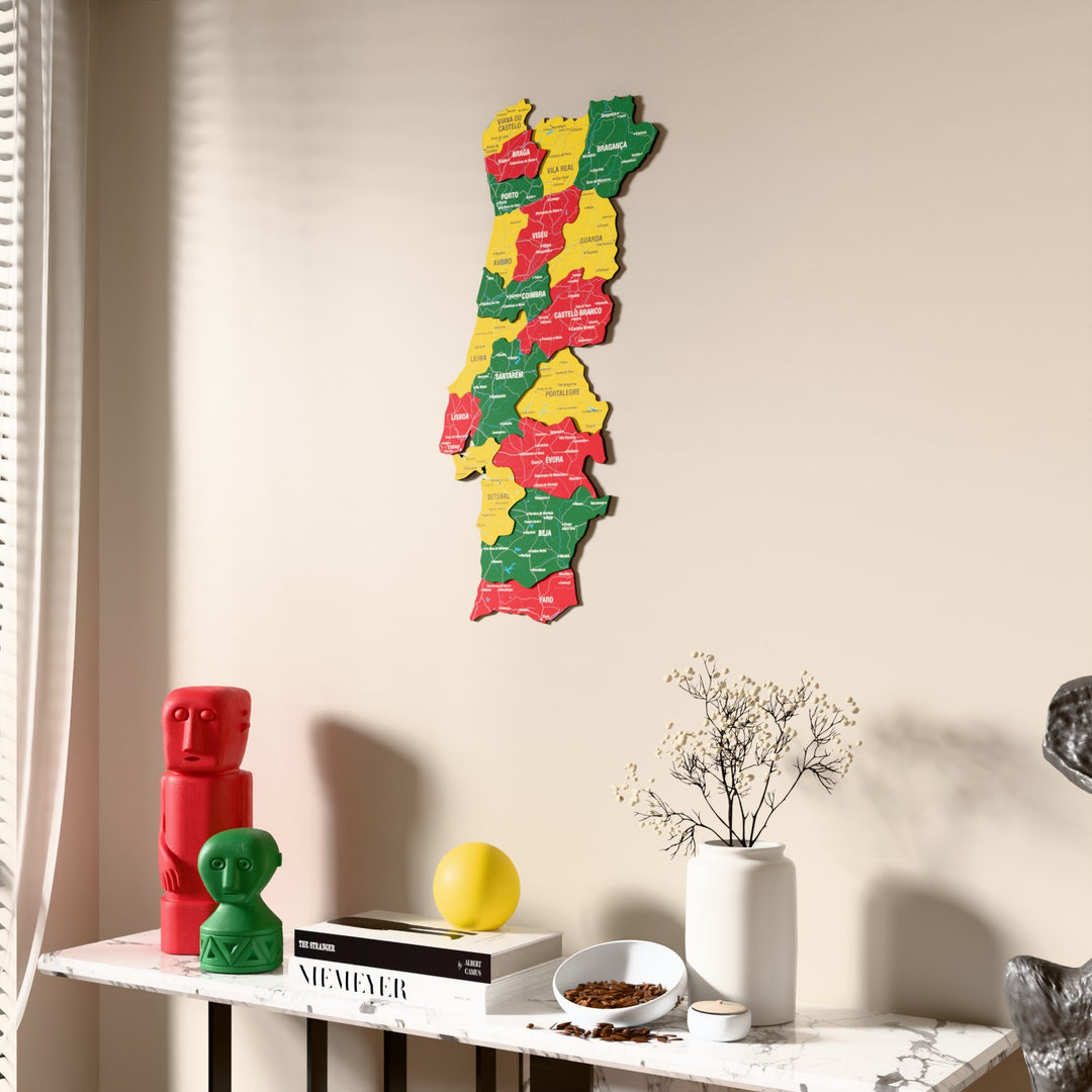 Flag colored Portugal wooden wall map beside a sheer curtain, angled view