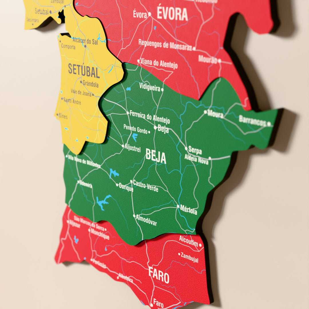 Close-up of the Flag colored Portugal wooden wall map with layered regions and printed names