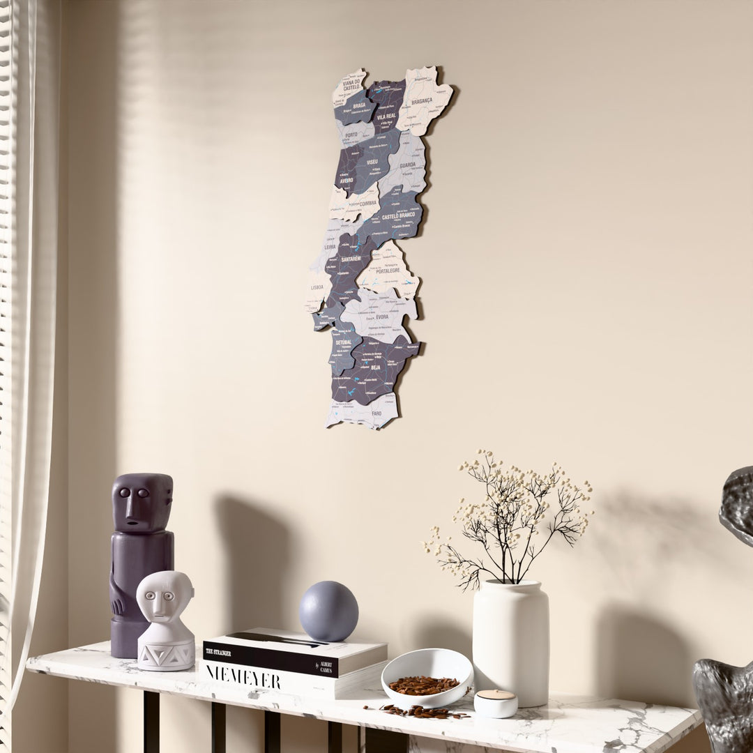 Nimbus Portugal wooden wall map beside a sheer curtain, angled view