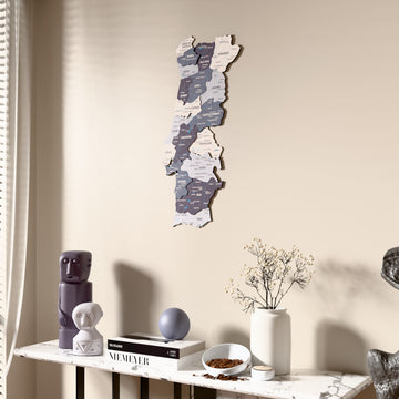 Nimbus Portugal wooden wall map beside a sheer curtain, angled view