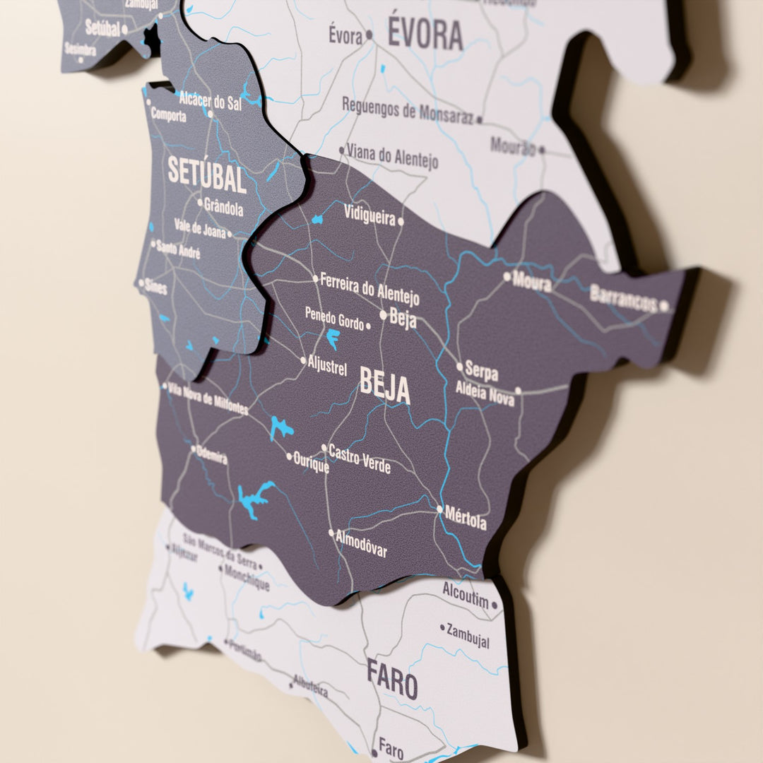 Close-up of the Nimbus Portugal wooden wall map with layered regions and printed names