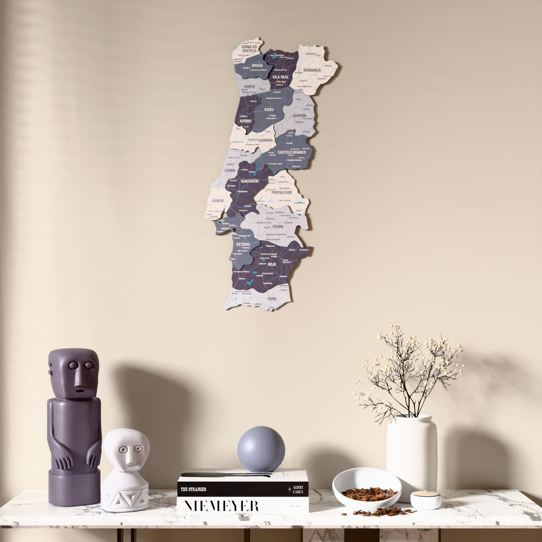 Nimbus Portugal wooden wall map above a marble console, front view
