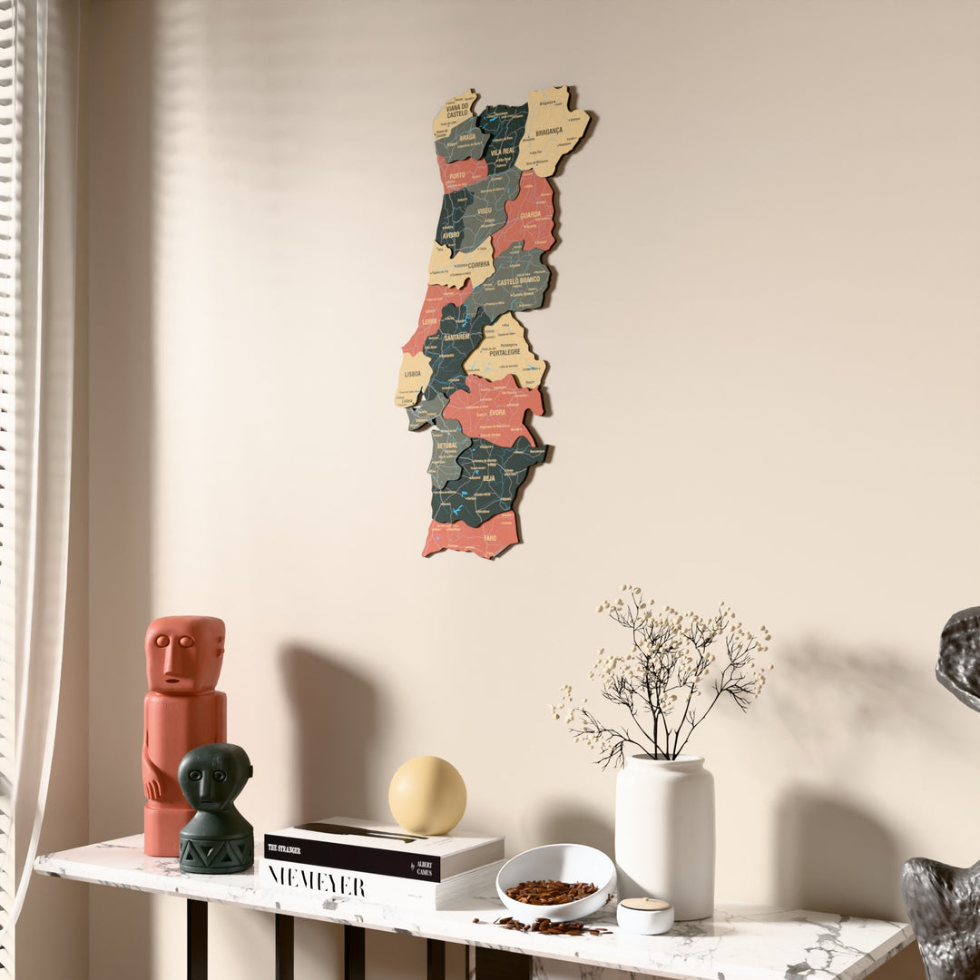 Sage Portugal wooden wall map beside a sheer curtain, angled view