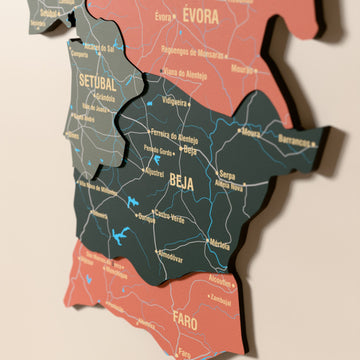 Close-up of the Sage Portugal wooden wall map with layered regions and printed names