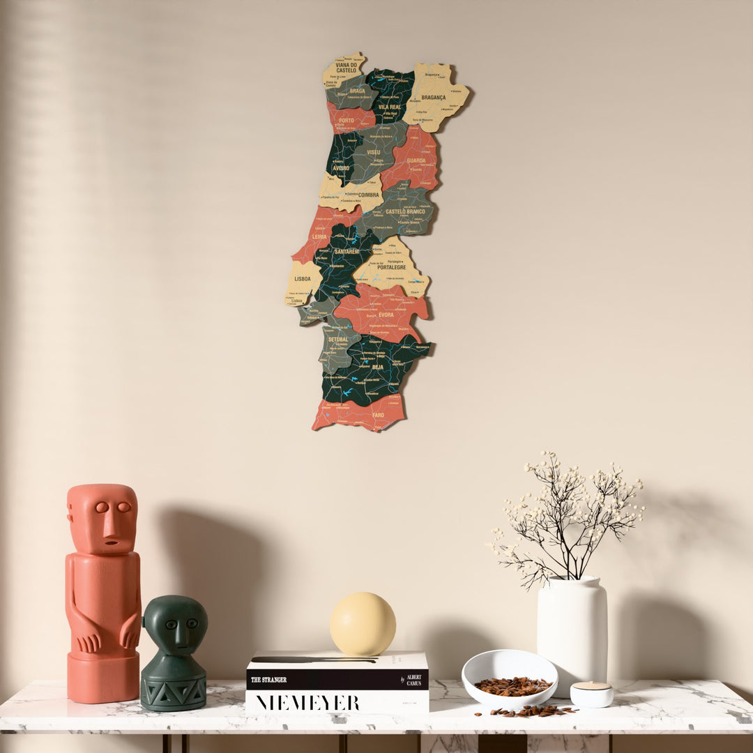 Sage Portugal wooden wall map above a marble console, front view