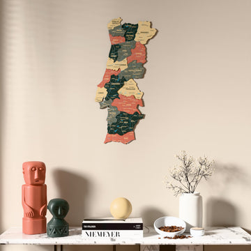 Sage Portugal wooden wall map above a marble console, front view
