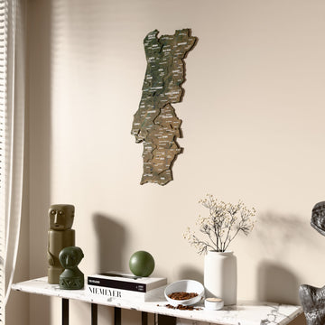 Satellite Portugal wooden wall map beside a sheer curtain, angled view
