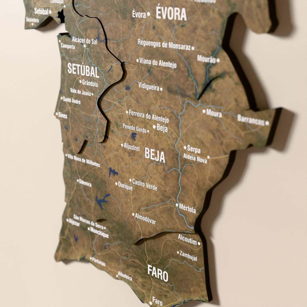 Close-up of the Satellite Portugal wooden wall map with layered regions and printed names