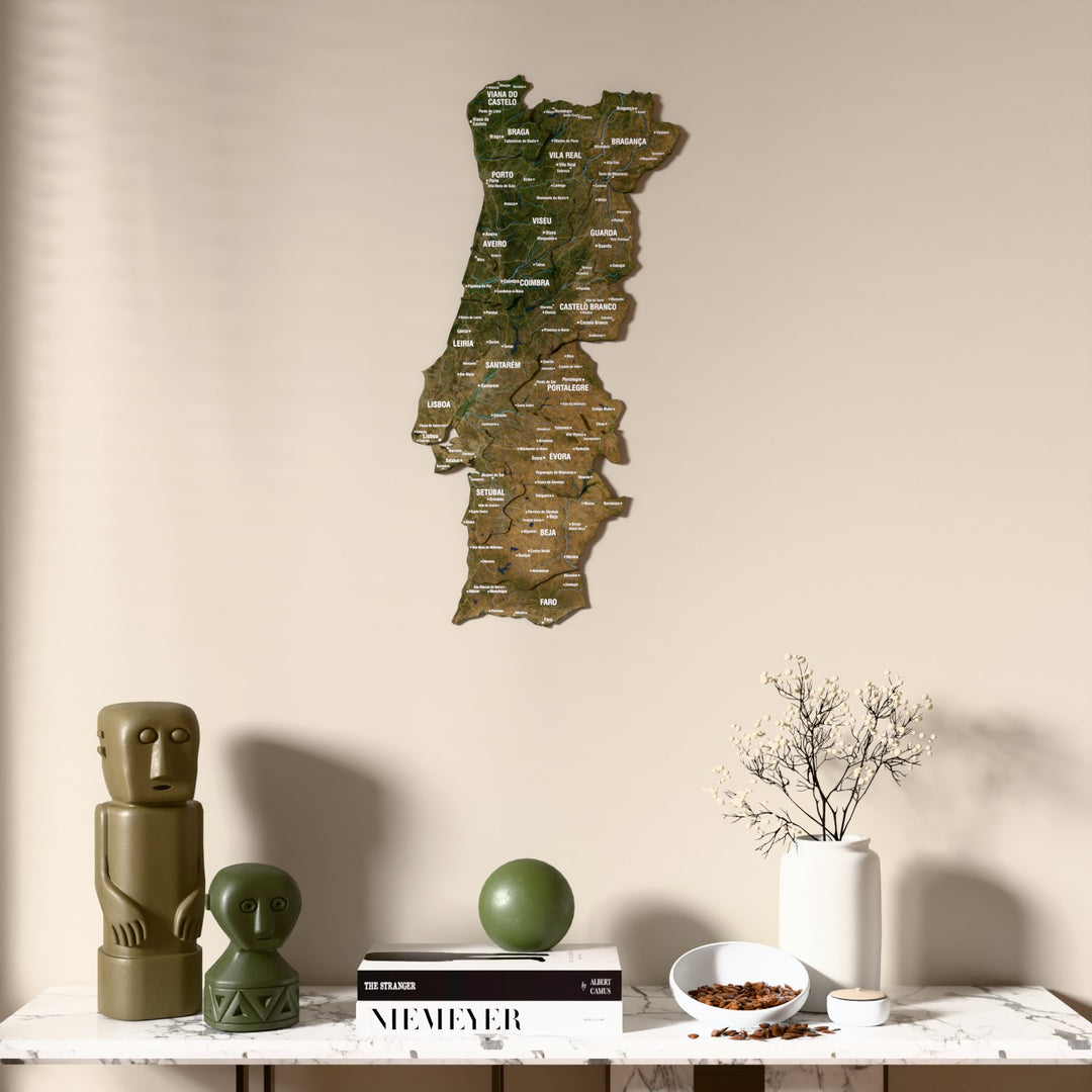 Satellite Portugal wooden wall map above a marble console, front view