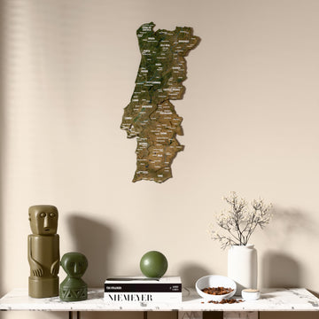 Satellite Portugal wooden wall map above a marble console, front view