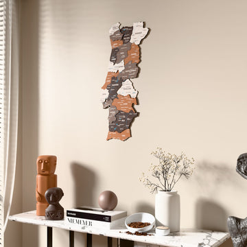 Soil Portugal wooden wall map beside a sheer curtain, angled view