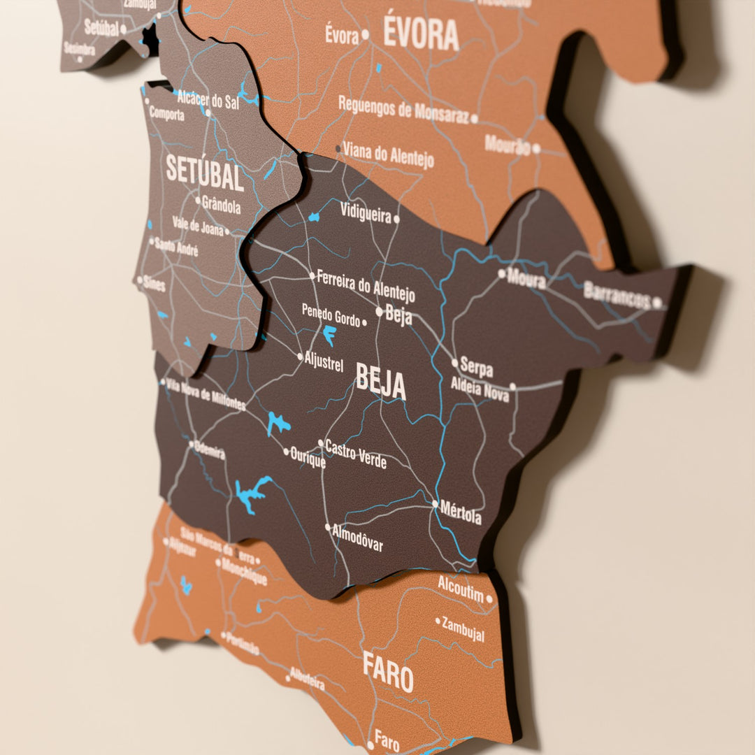 Close-up of the Soil Portugal wooden wall map with layered regions and printed names