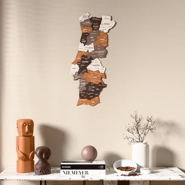 Soil Portugal wooden wall map above a marble console, front view