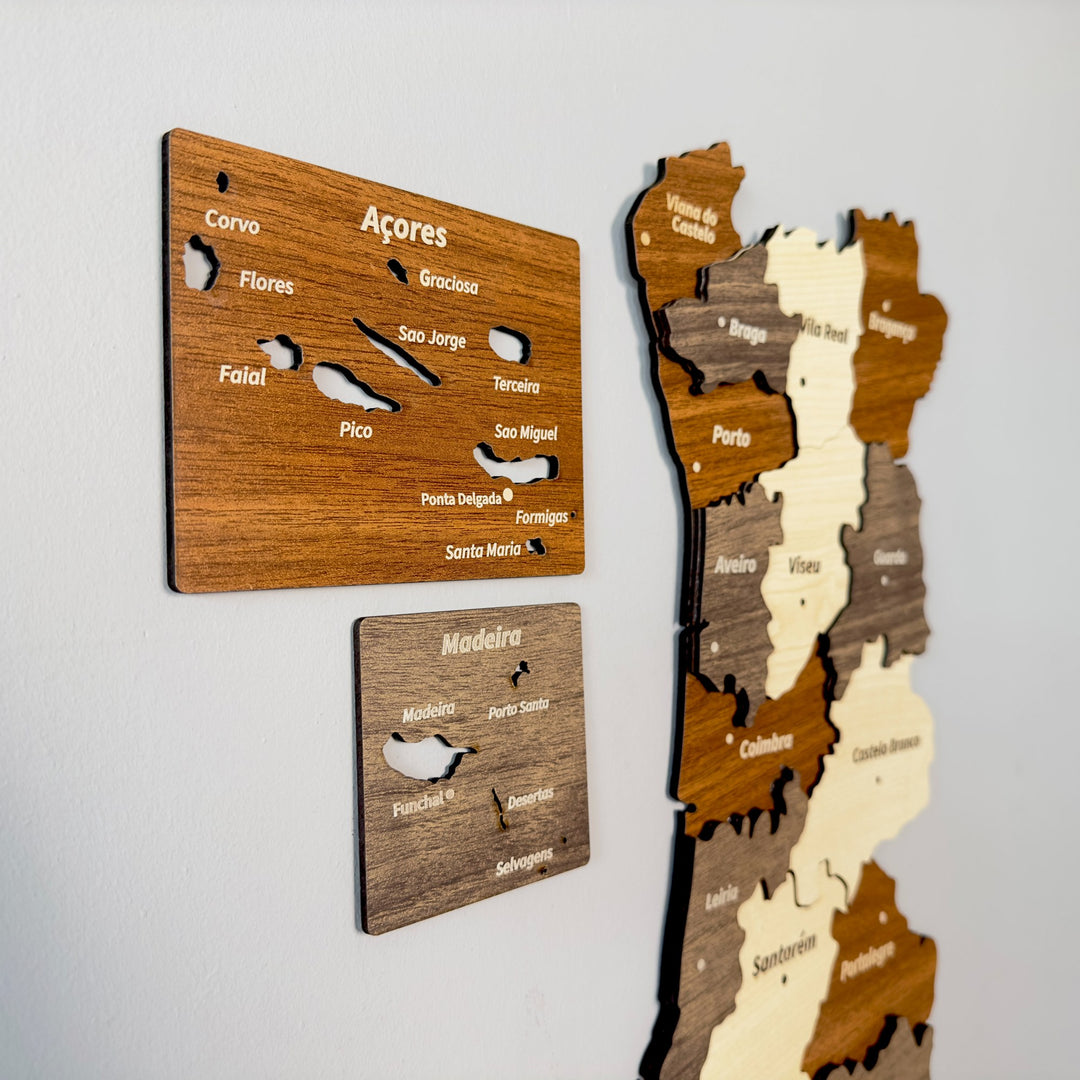 Close-up of the Portugal wooden wall map with the Açores and Madeira island panels beside the mainland layers