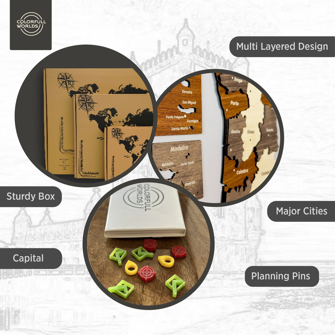 Portugal wooden wall map infographic: multi-layered design, sturdy box, major cities, capital and planning pins
