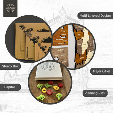 Portugal wooden wall map infographic: multi-layered design, sturdy box, major cities, capital and planning pins