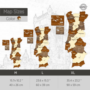 Size chart for the Portugal wooden wall map with island panels: M 40 x 26 cm, L 60 x 39 cm, XL 90 x 59 cm