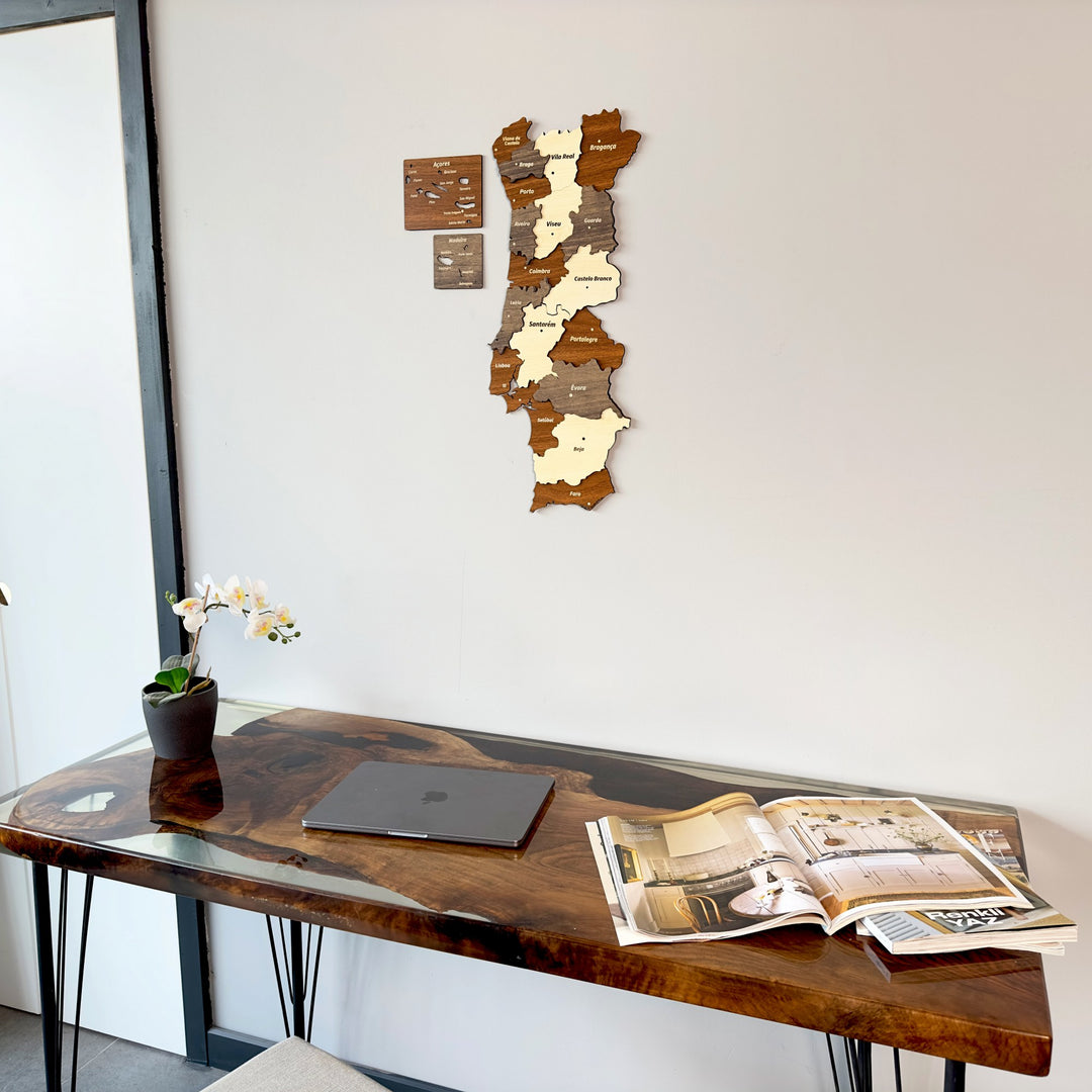 Portugal wooden wall map above a resin desk with an orchid, close view