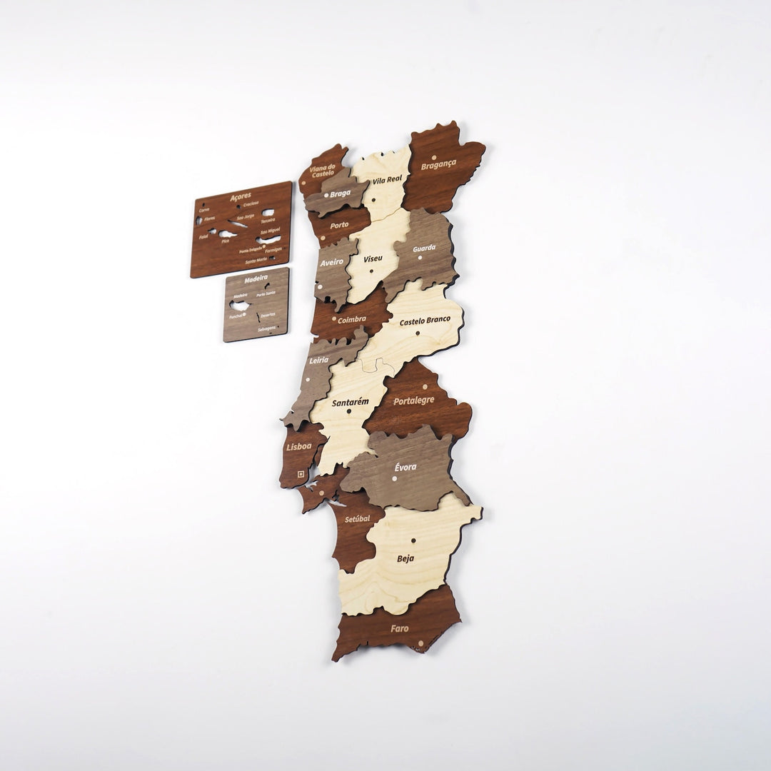Portugal wooden wall map with Azores and Madeira panels, region names in brown, tan and cream wood