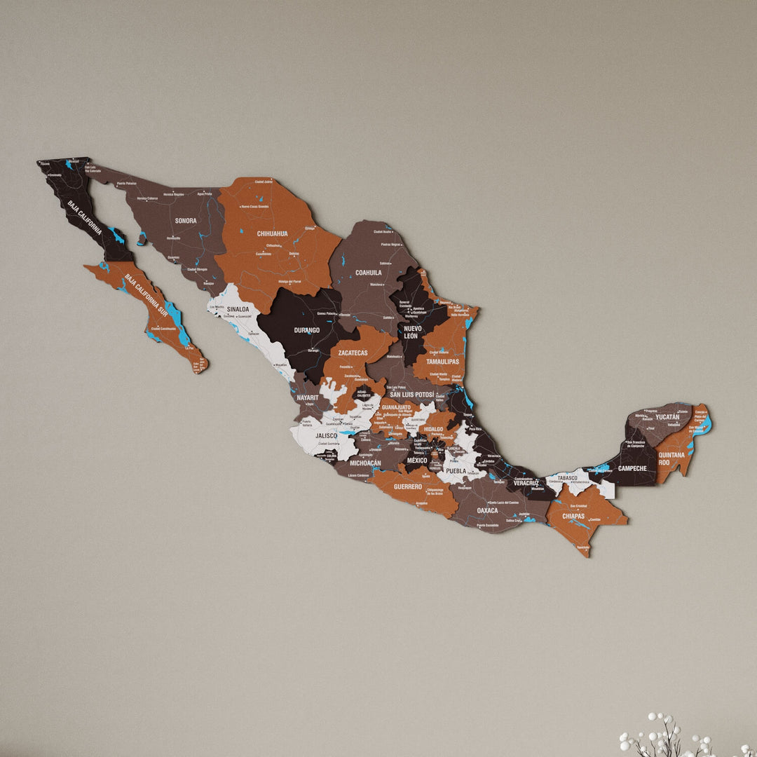 Soil Mexico wooden wall map in brown, rust and cream states on a beige wall, angled view showing the layered pieces