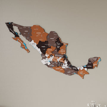 Soil Mexico wooden wall map in brown, rust and cream states on a beige wall, angled view showing the layered pieces