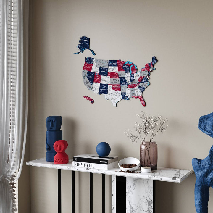 USA Wooden Wall Map Flag Colored Premium Wood Wall Decor